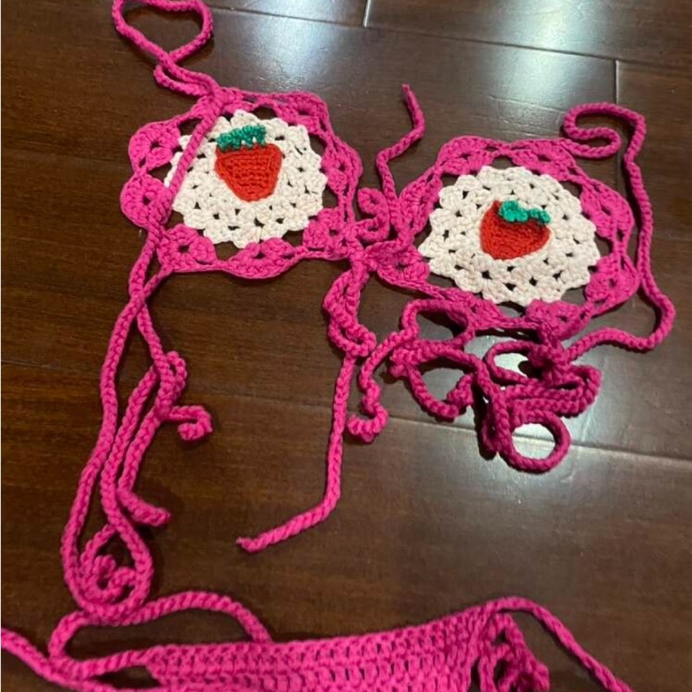 Pink Crochet Strawberry Bikini Top